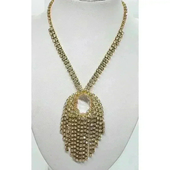 Vintage Necklace Gold Rhinestone Bib Statement Waterfall Collar RARE JULIANA - Picture 1 of 10